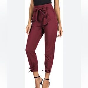 NWT Women’s Grace Karin Wine Color Paper Bag Waist Pants with Pockets Size L